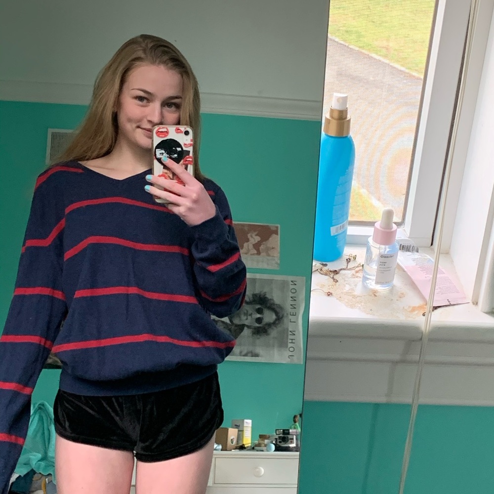 Red N Navy Striped V-Neck Oversized Sweater